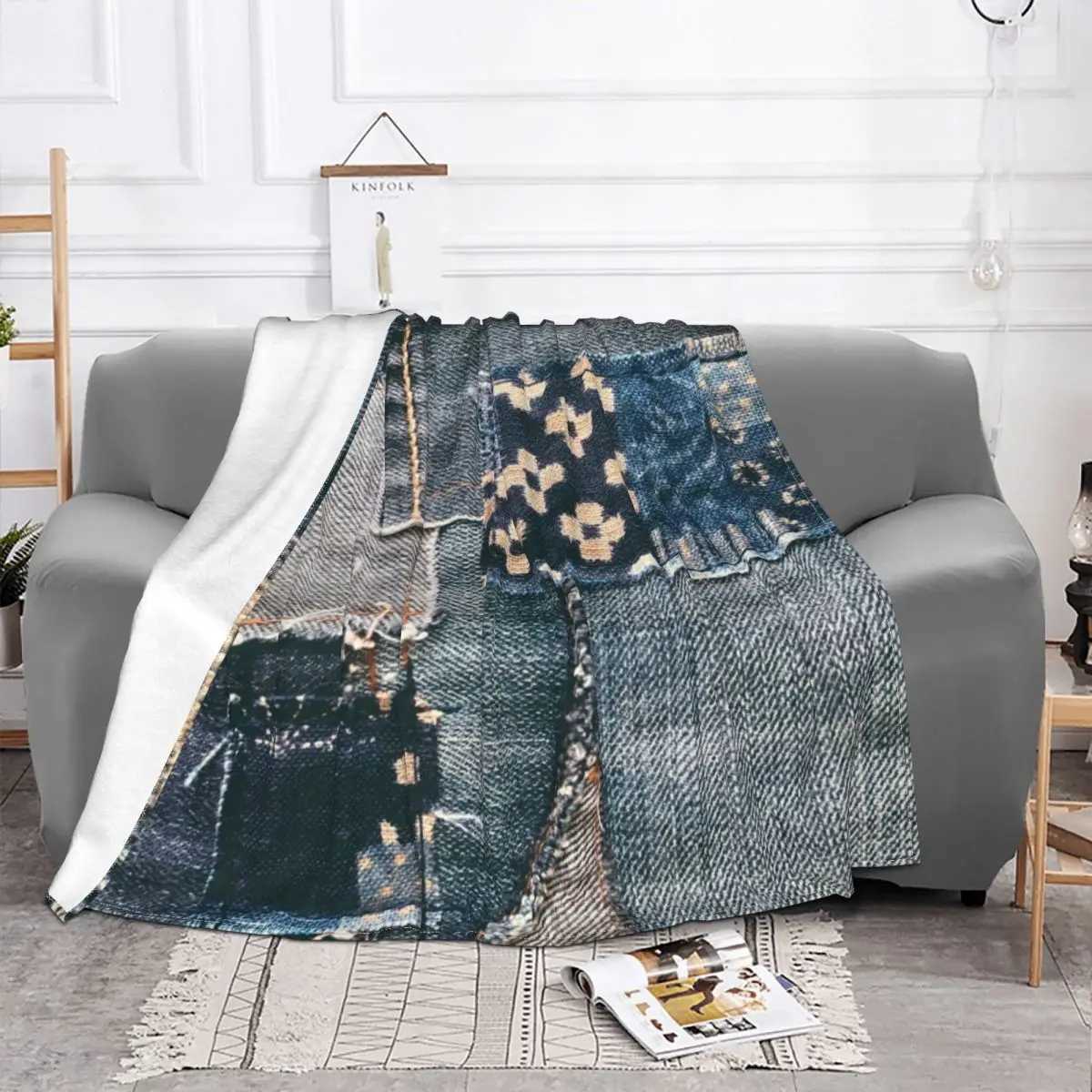 Denim Patchwork Blankets Fleece Winter Multifunction Warm Throw Blankets for Sofa Couch Bedspreads Y240815