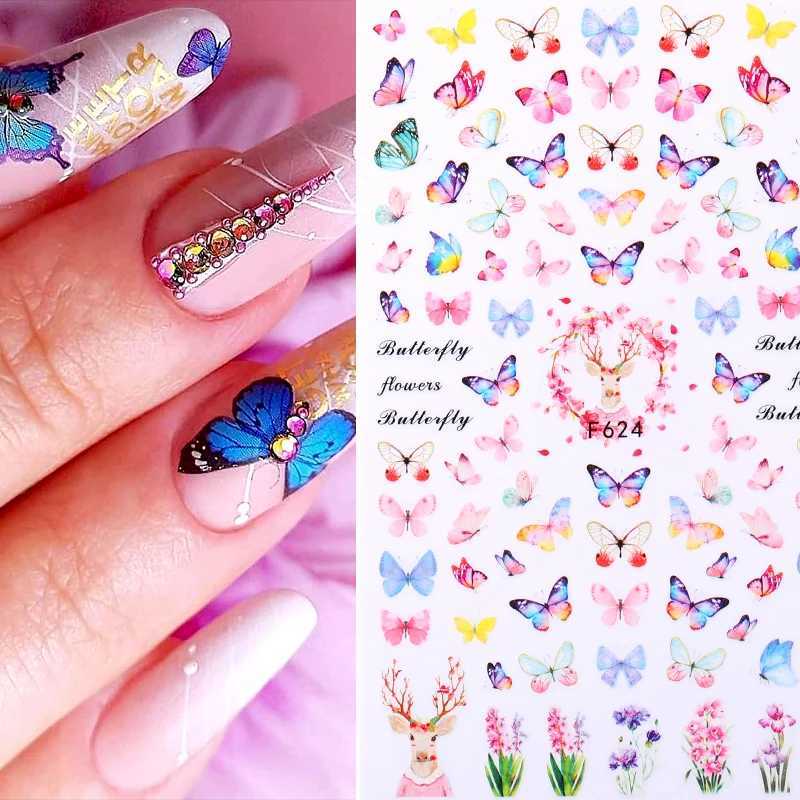Color Butterfly Flower Nail Art Sticker Nail Parts Rose Sunflower 3D Adhesive Sticker Nail Decoration Decals ManicureXJ240814