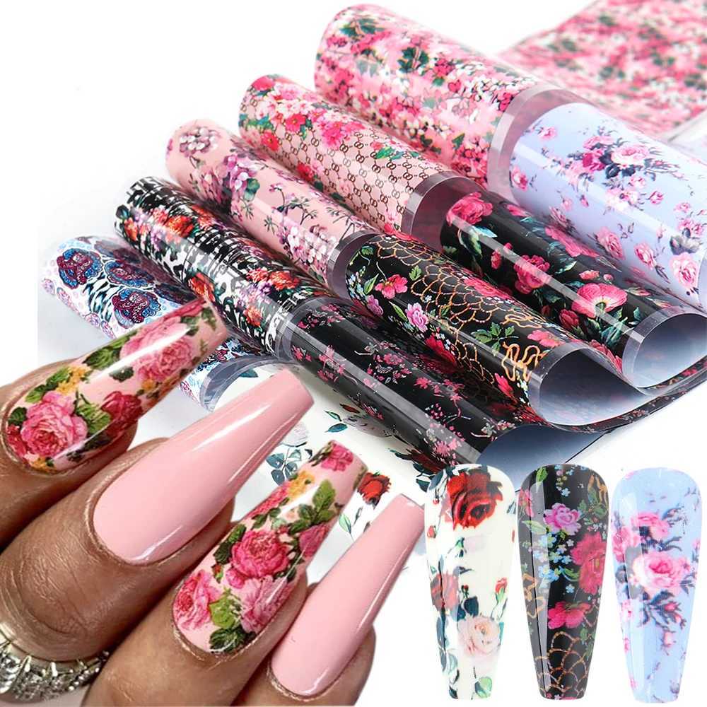 10pcs Floral Transfer Nail Foil Luxury Nail Stickers Rose Flowers Lettering Decals Leopard Starry Paper Manicure Wraps NL3108XJ240814