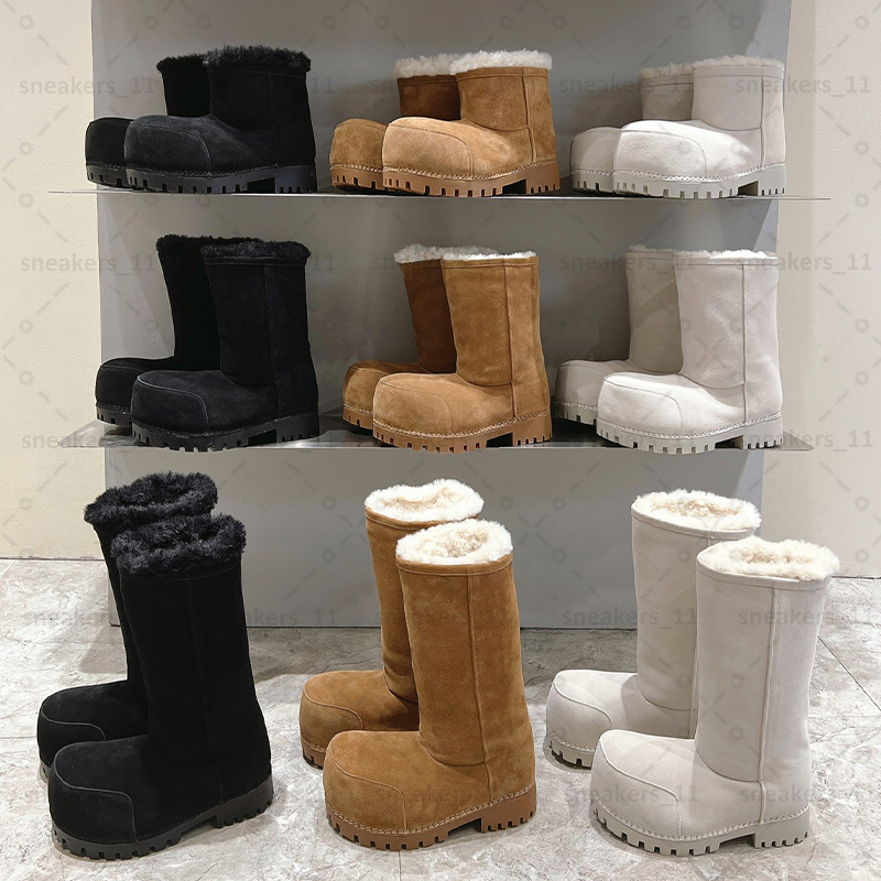 Designer Fur Boots Mid High Boots Brown White Black split calfskin women Thick rubber sole New Fashion Big Fat Boot Ski snow boots