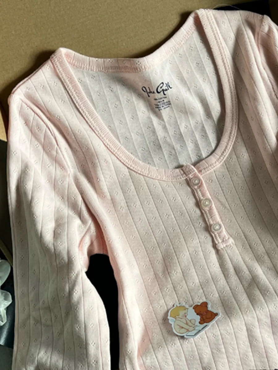 Hollow pink long sleeved Tshirt summer round neck button cotton ultrathin sexy womens retro cute y2k top fashionable 240814
