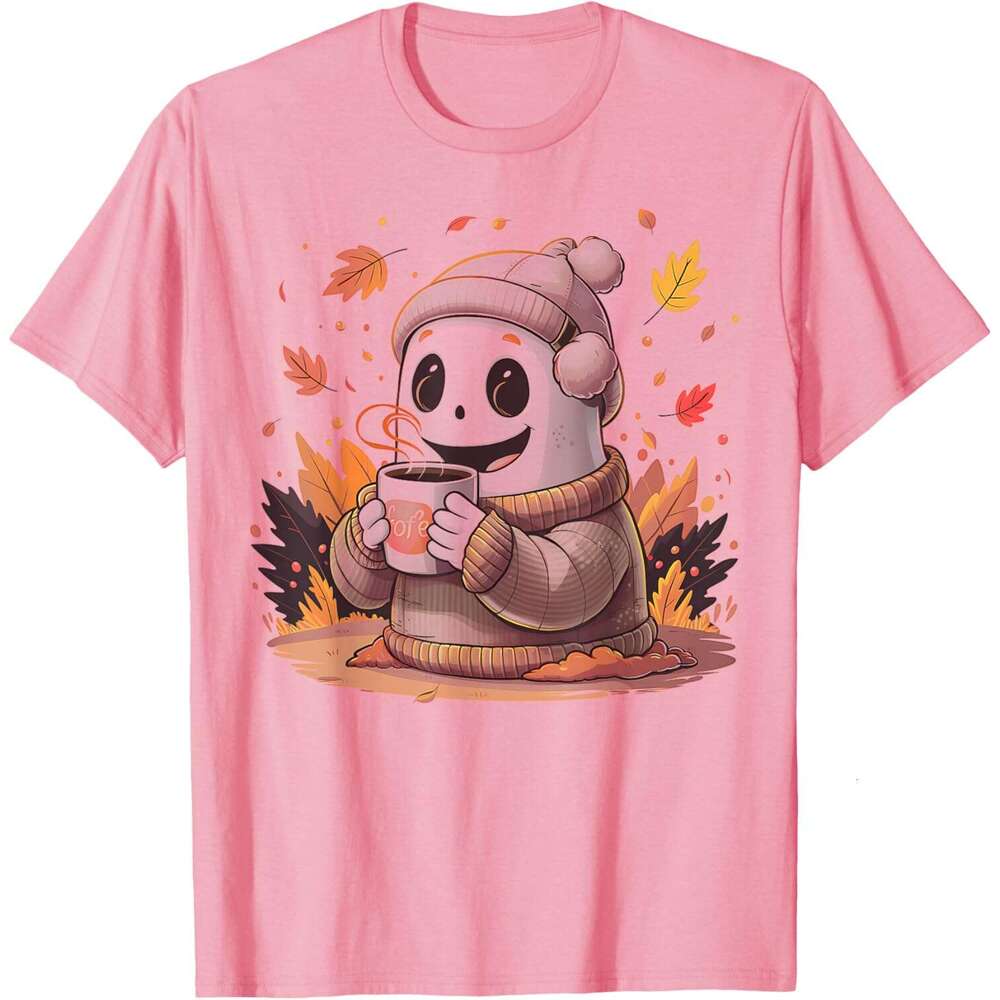 T shirt for Mens Autumn Fall Cozy Ghost with Coffee Cute Halloween Costume T-Shirt Shirts Tshirt Graphic Tee Casual Tops Clothes Short sleeve 2025