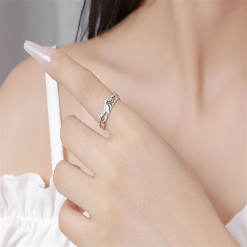 Love ring copper inlaid zircon personality peak design water wave ring Europe and the United States fashion couple set ring