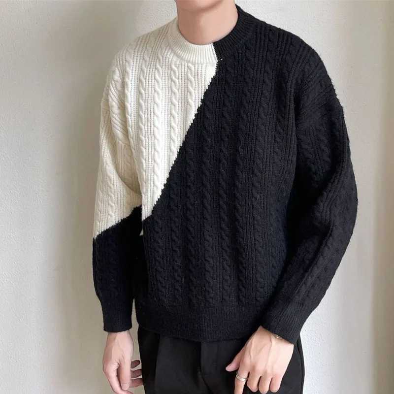 Winter Fashion Trend Color Contrast Round Neck Fried Dough Twists Loose Versatile Handsome Thickened Mens Long Sleeved SweaterXJ240814
