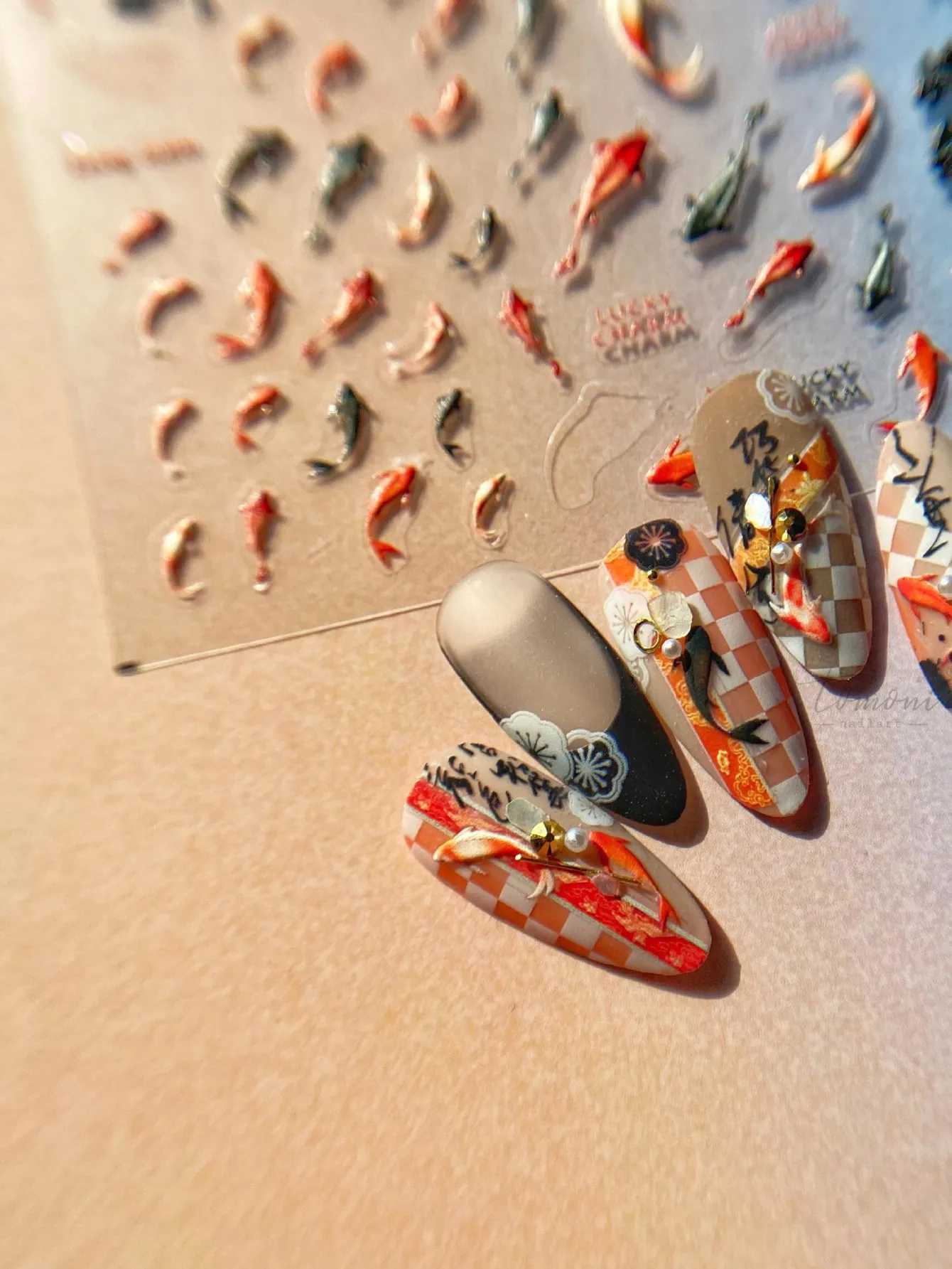 1PCS 5D Relief Cartoon Series Nail Art Stickers Kawaii Koi Carp Fish Design Nail Decoration Transfer Slider Decals DIY AccessoryXJ240814