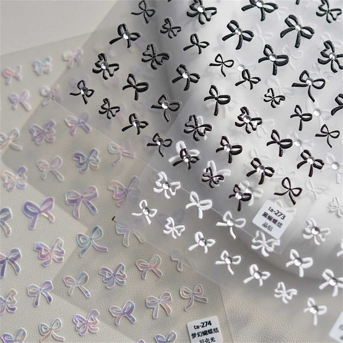 1sheet Japanese Kawaii Colorful White Line Bowknot 5D Black Self Adhesive Nail Art Decorations Stickers Ribbon Cute Decals DIYXJ240814