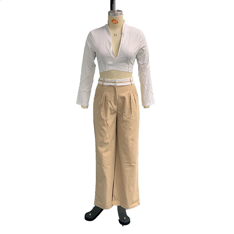 Autumn Women Two Piece Set Office Fashion Solid Long Sleeve Lapel High Waist Short Top Loose With Pockets Pants Sets Streetwear 240815
