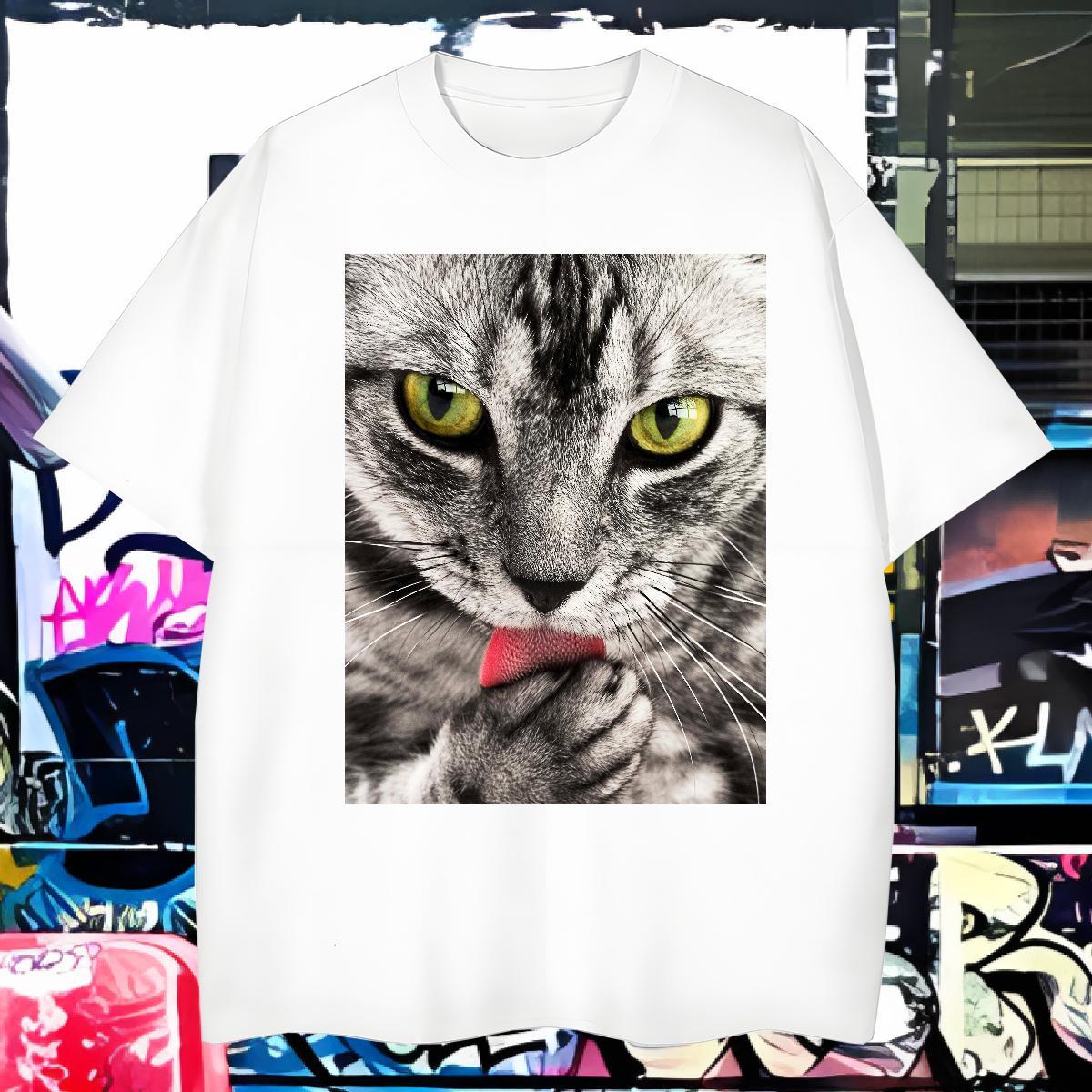 Man T Shirts 100% Cotton 230g cat Anime Printing Street Breathable Short Sleeve Custom Print Oversized Men Clothes T-Shirt Brand Comfortable Tops Shir