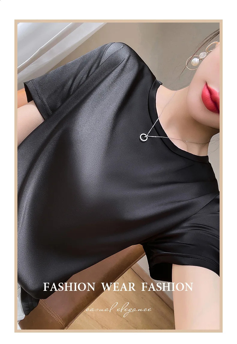 Womens short sleeved Tshirt womens ultrathin bottom thin top satin shirt 240814