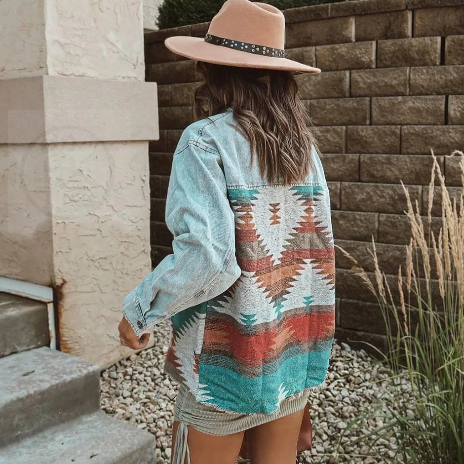 AYUALIN Vintage Patchwork Casual Loose Oversize Denims Autumn Winter Outwear Boho Long Sleeve Denim Jackets for Women Tops Coats 240814
