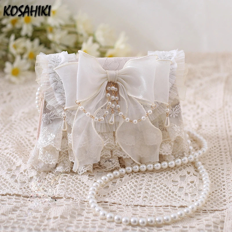 Women Tender Lolita Kawaii Bow Crossbody Bag Japanese Ins Girls Sweet Casual Chain Handbags Elegant Fairy Lace Shoulder Bags Y2k 240815