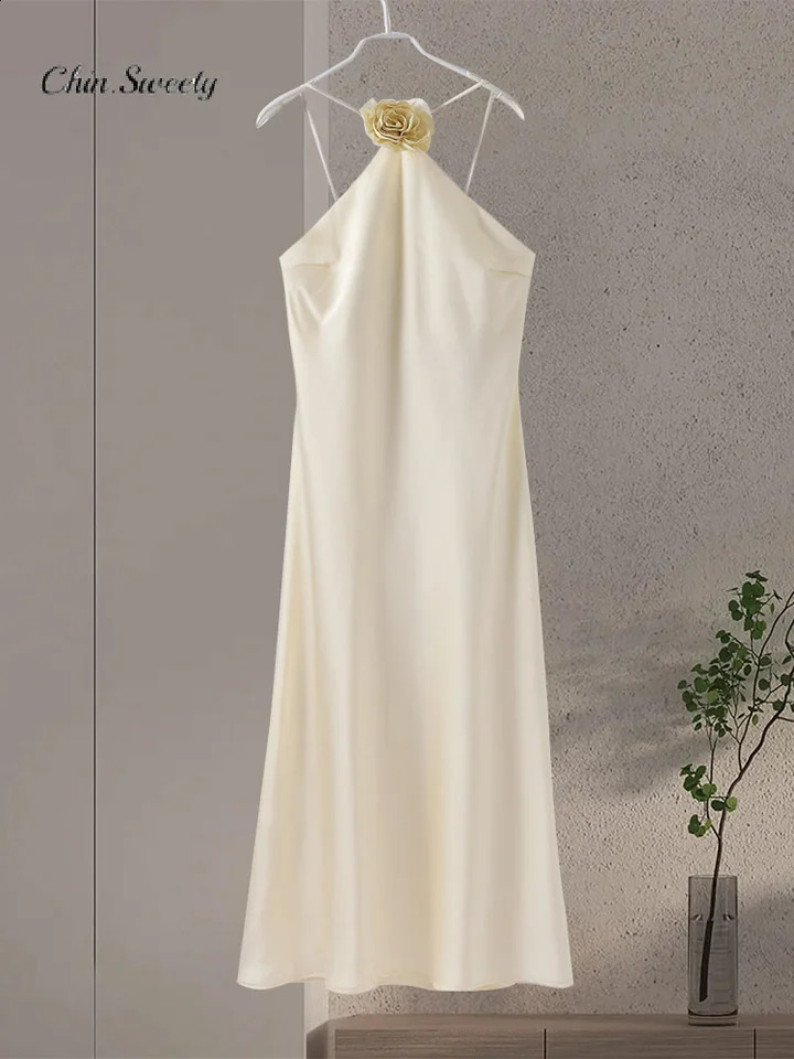 Party Satin Halter 3D Flower Long Dress Women Fashion Lace-up Sleeveless Backless Dresses 2024 Summer Lady Elegant Beach Robes 240814