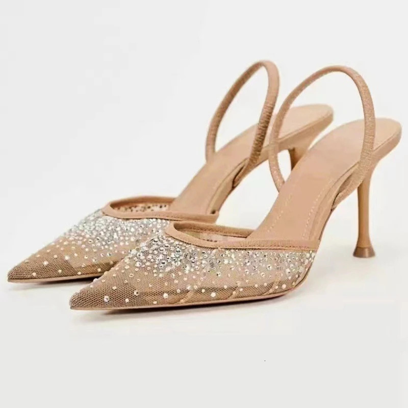 Brand Shiny Rhinestone Design Mesh High Heels Women Summer Elegant Open Pointed Toe Sandals Thine Heel Mules Pumps