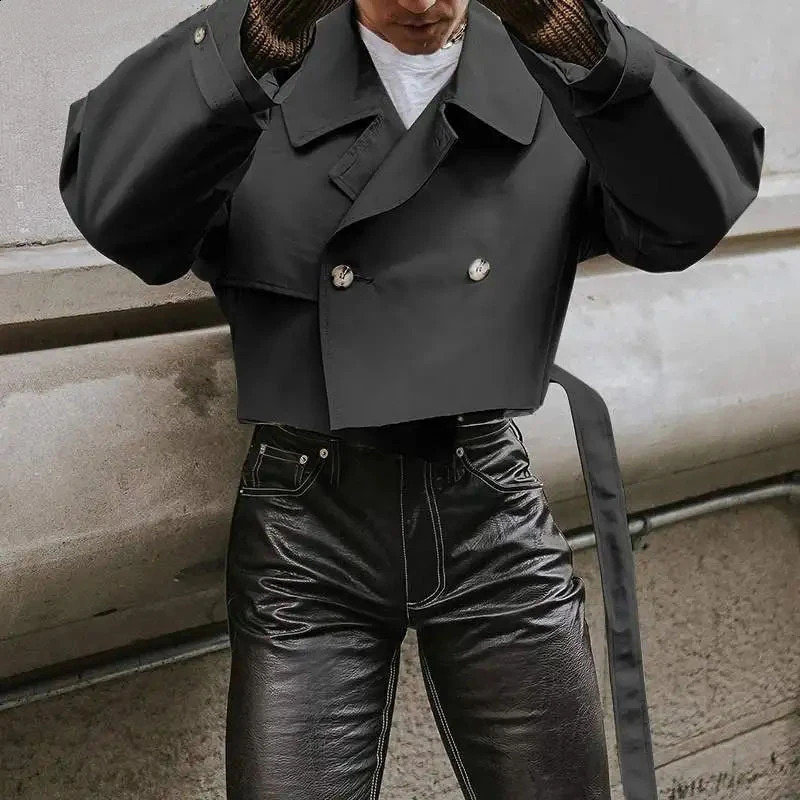 Fashionable Mens Crop Jackets Fall Vintage Y2K Loose Long Sleeve Short Jacket For Men Stylish Solid Color Turn-down Collar Coats 240809