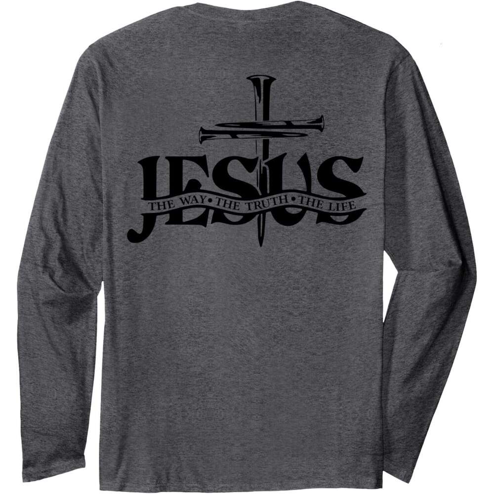 Long Sleeve Shirts for Men Jesus The Way Truth Life Bible Verse Christian (On Back) Long Sleeve Tee Streetwear Casual tops clothes