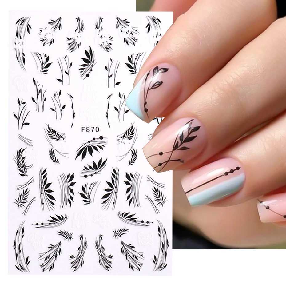 1PC Black Leaf 3D Adhesive Sticker For Nail Geometric Lines Spring Flower Leaves Butterfly Nail Decor Decal Manicure AccessoriesXJ240814