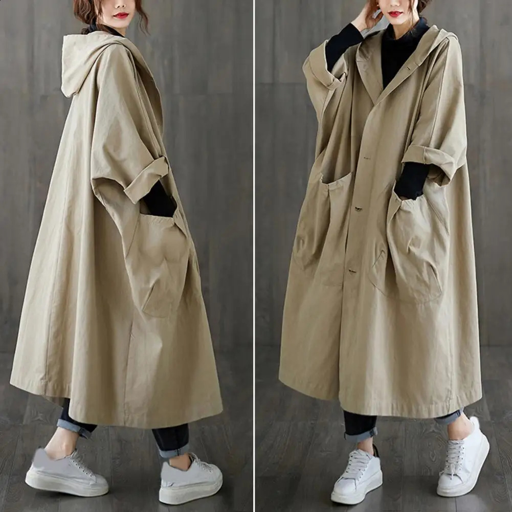 Spring and Autumn Trench Coat for Women Korean Single breasted Medium length Womens Khaki Windproof Pocket sized 240814
