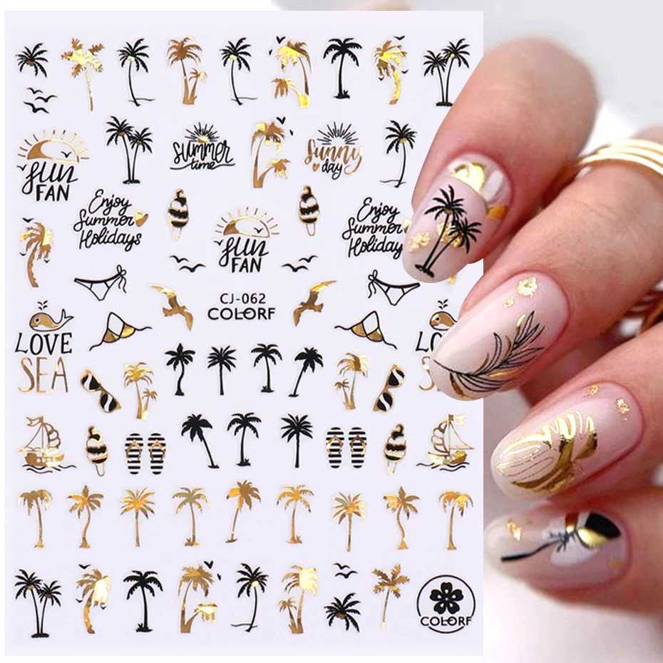 3D Black Gold Coconut Tree Nail Sticker Laser Palm Leaves Flower Sliders For Manicure Summer Beach Ocean Nail Decals DecoXJ240814