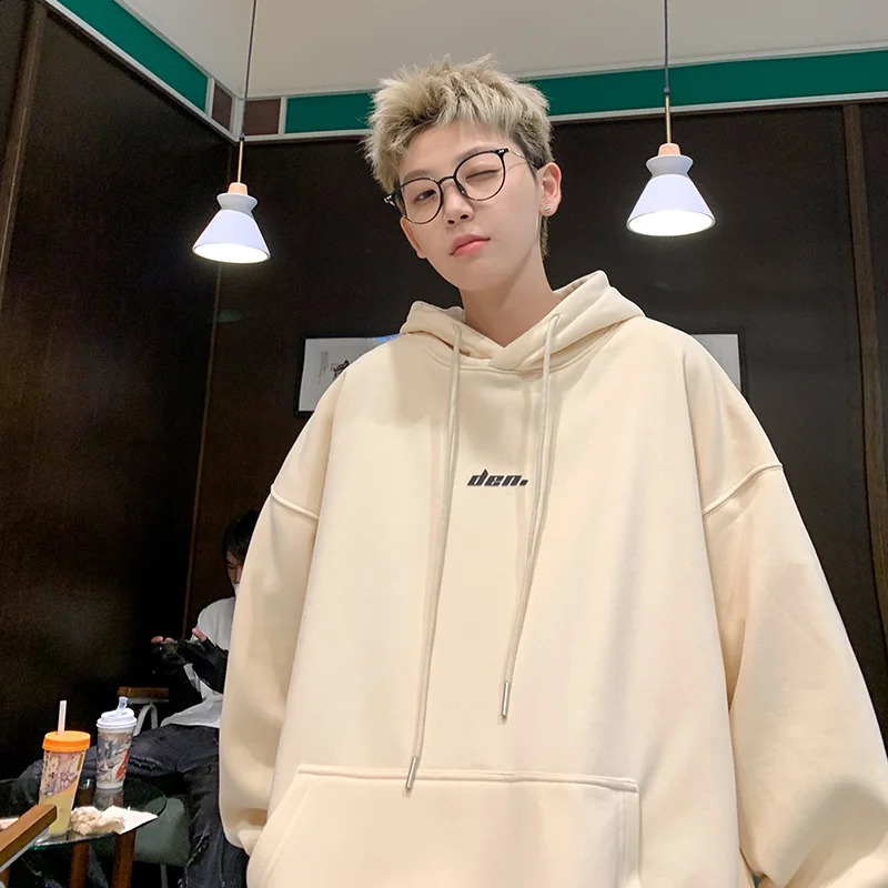 Korean Fashion Dark Grey Fleece Hoodies Men Letter Print Simple Baggy Hoody Sweatshirt Harajuku Streetwear Y2K Hoodie 240815