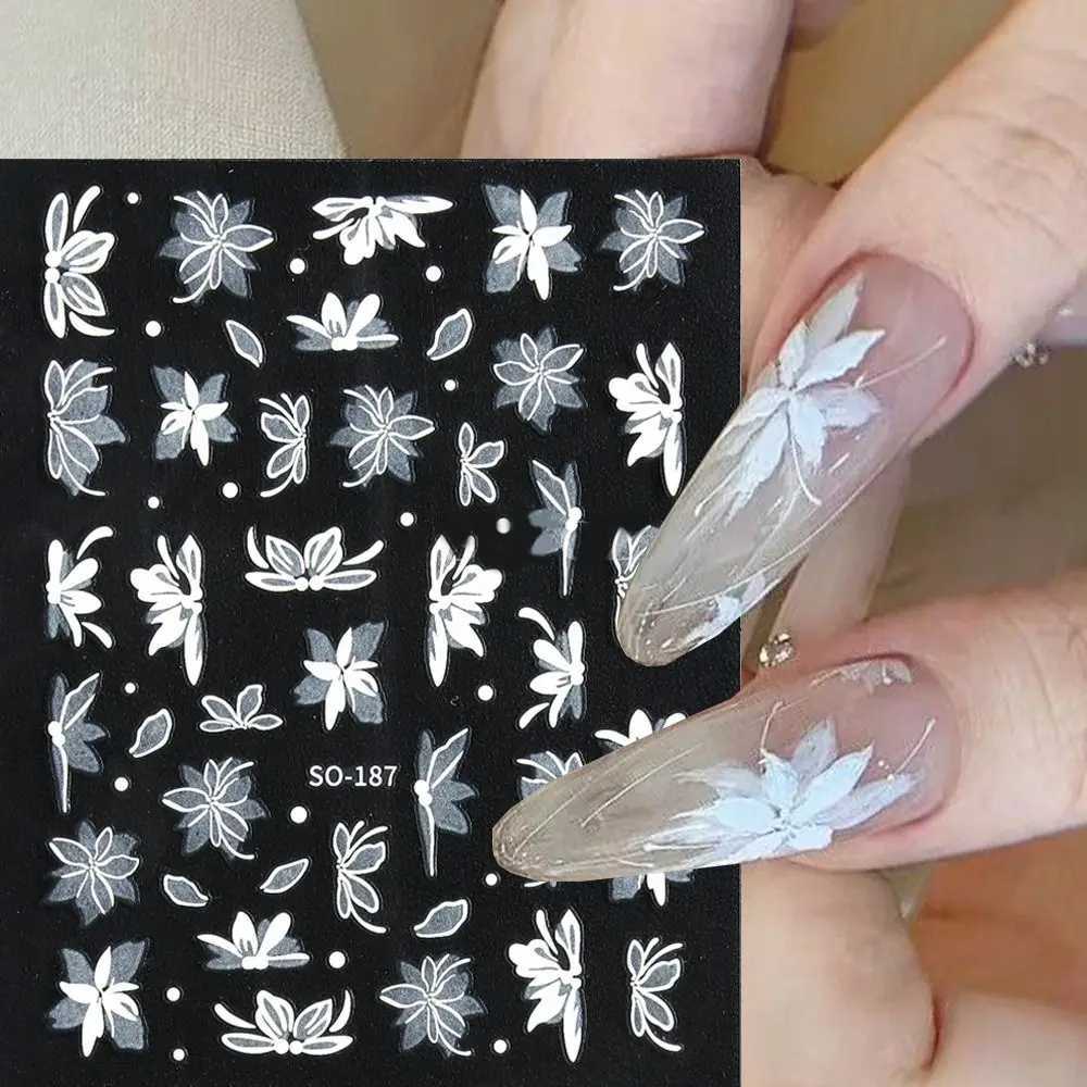 Black White Flower Nail Art Stickers 3D Charm Simple Floral Petal Nail Decoration Adhesive Slider Decals DIY Manicure DecorXJ240814