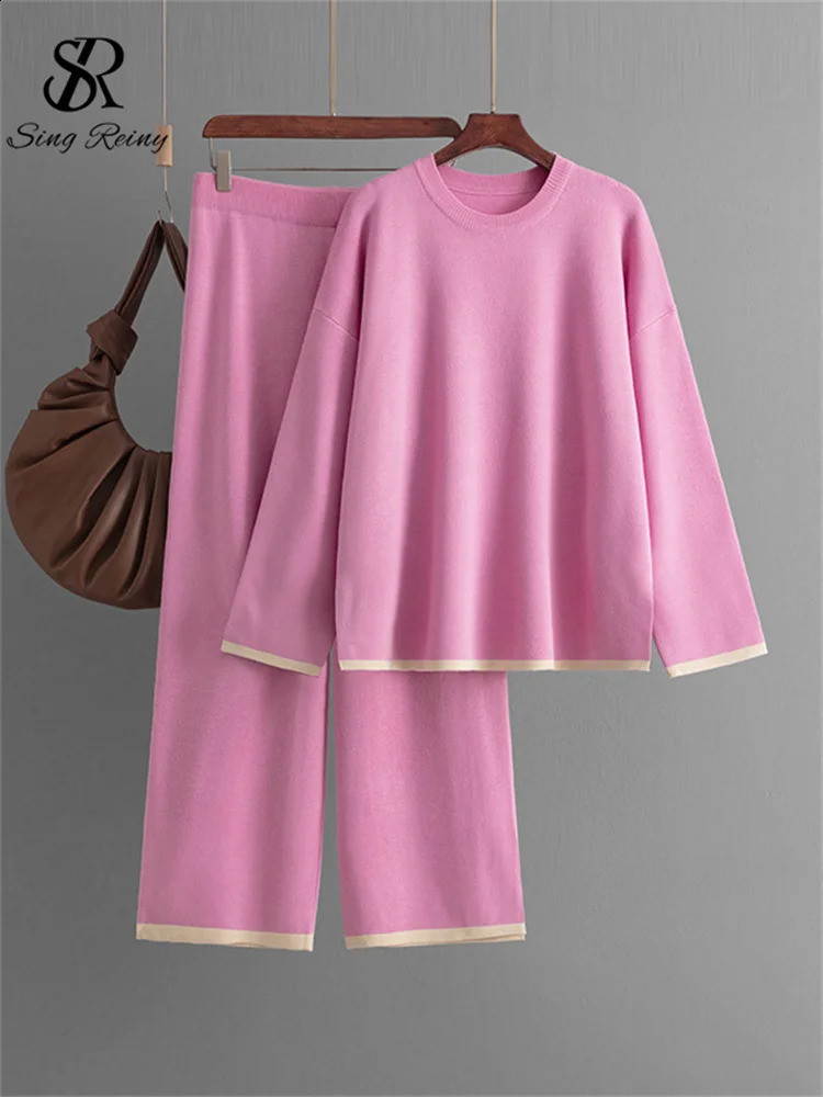 Womens Oneck loose fitting patchwork topelastic waist wide leg pants knitted sweater 2PC set 240809