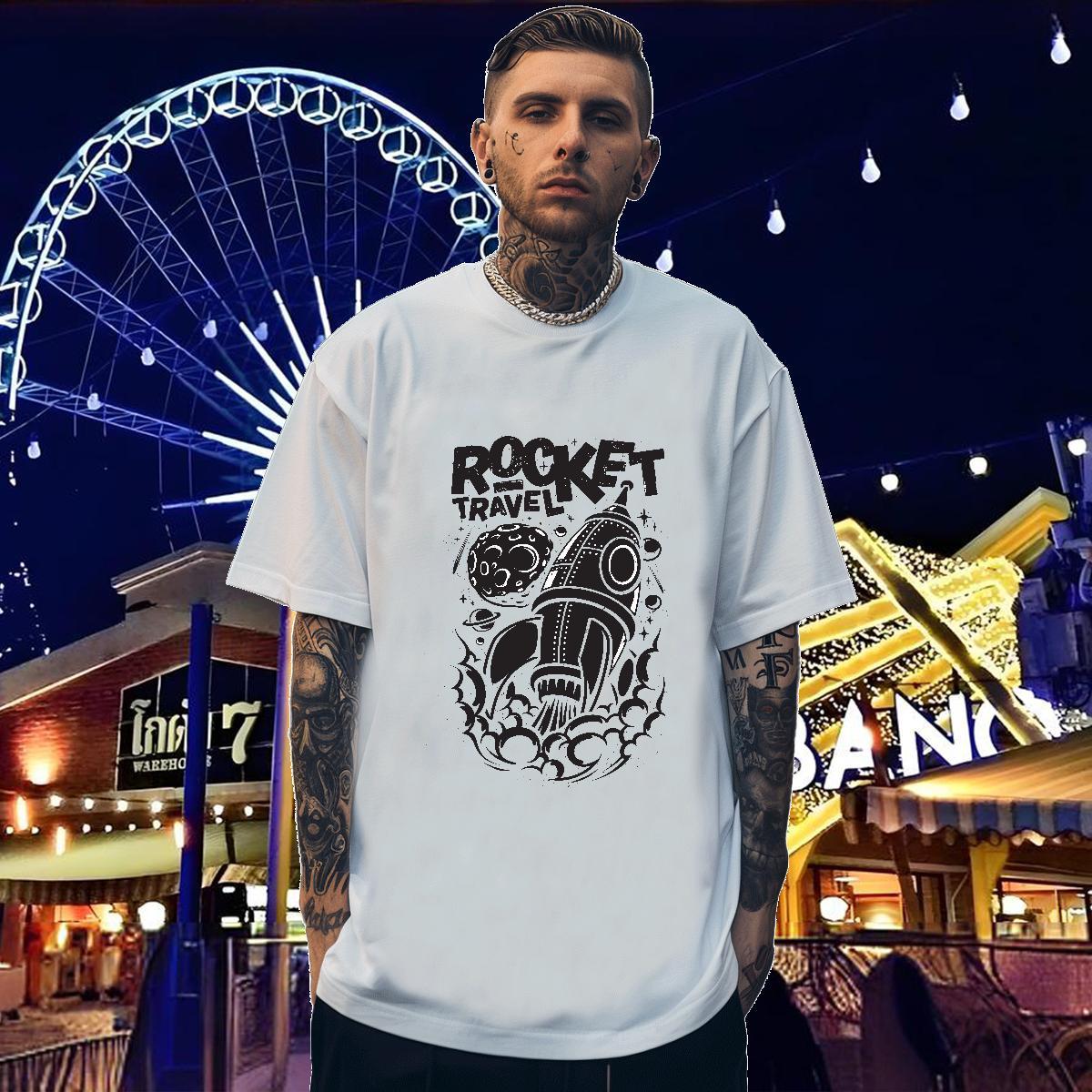 T-Shirts for Men 230g 100% Cotton rocket Beach Breathable Short Sleeve Asian Size Tshirt for Man Woman New Designer High Quality Tops