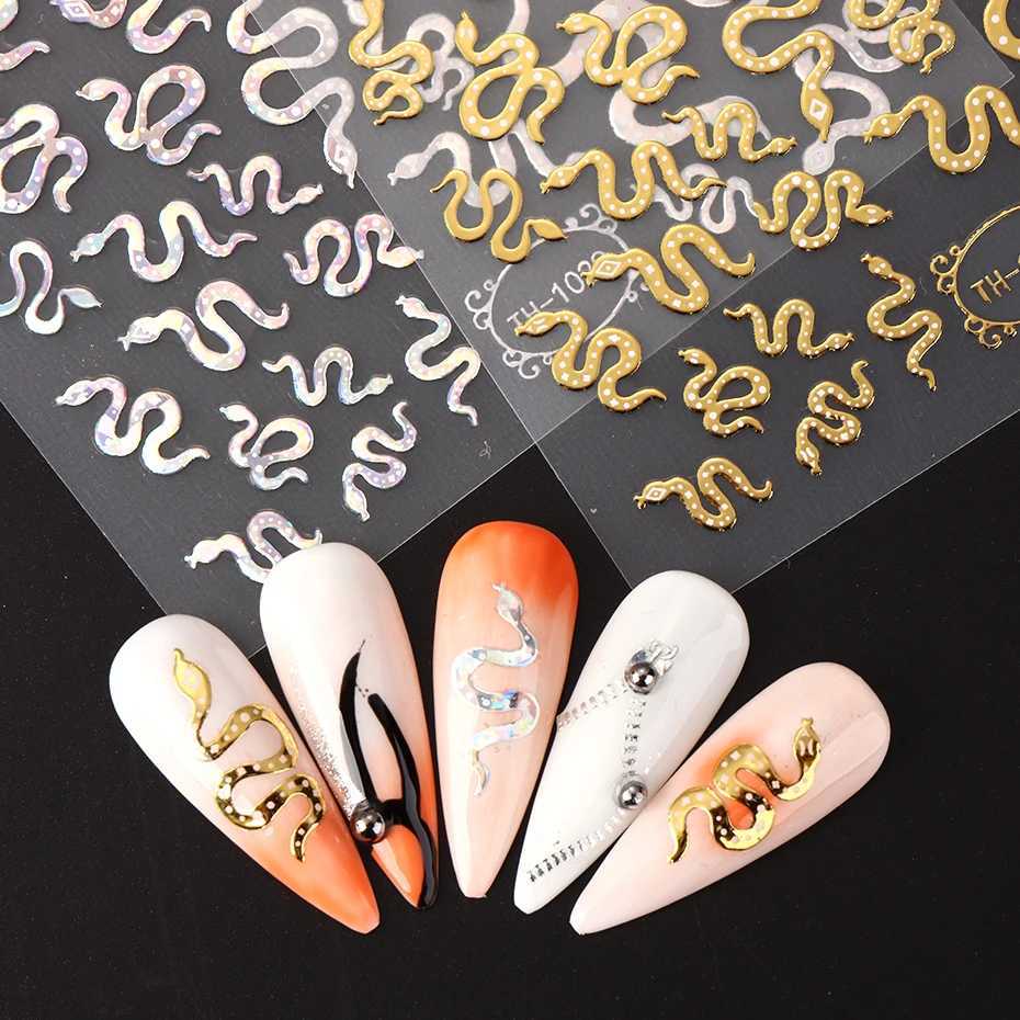 Laser Sakura Flower 3D Nail Sticker Holographic Foils Decals Snake Star Heart Adhesive Sliders Cherry Blossom ManicureXJ240814