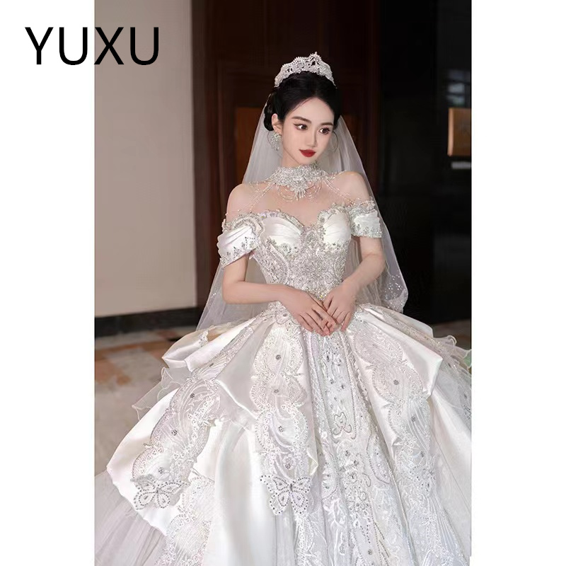 2024 Arabic Plus Size ball gown Wedding Dress Sheer Neck big sweep Train Bridal Gowns Dresses sequins Beading Sweep Train Long Sleeve Custom Made prin