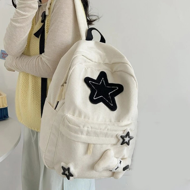 School Bags Double Strap Shoulder Bags with Star Pattern Backpack for Student Large Capacity Corduroy Book Bag 240813