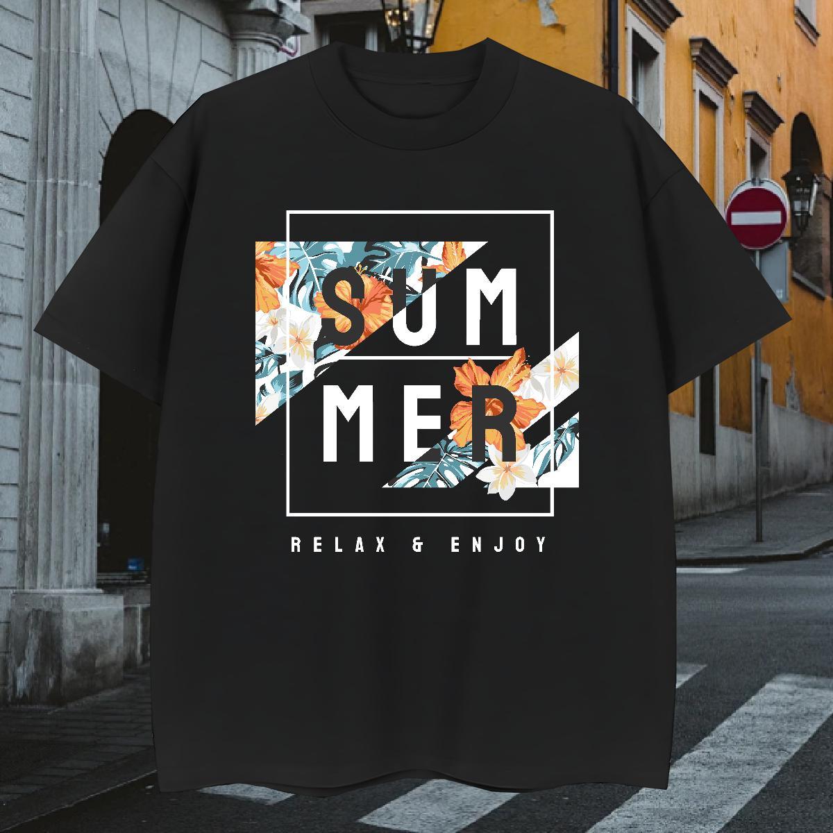 T Shirts Men 230g 100% Cotton flower Daily Outfit Breathable Crew Neck Black White Mens Tshirts Fashion Popular Tops Tees