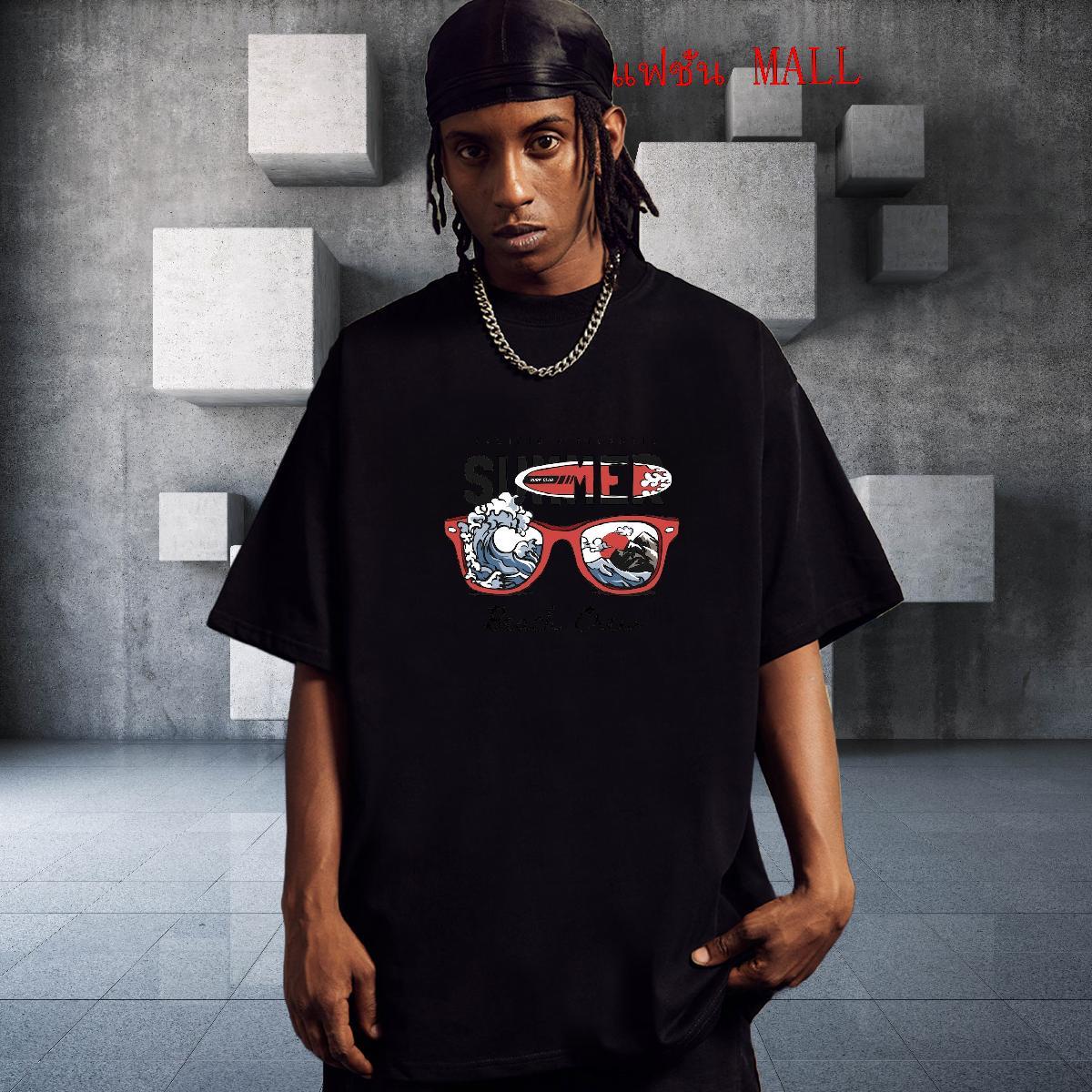 Loose Fit Men Tees High Street Hip Hop 230g Cotton White Plus Size Crew Neck sea wave T Shirts Men Customized Tops