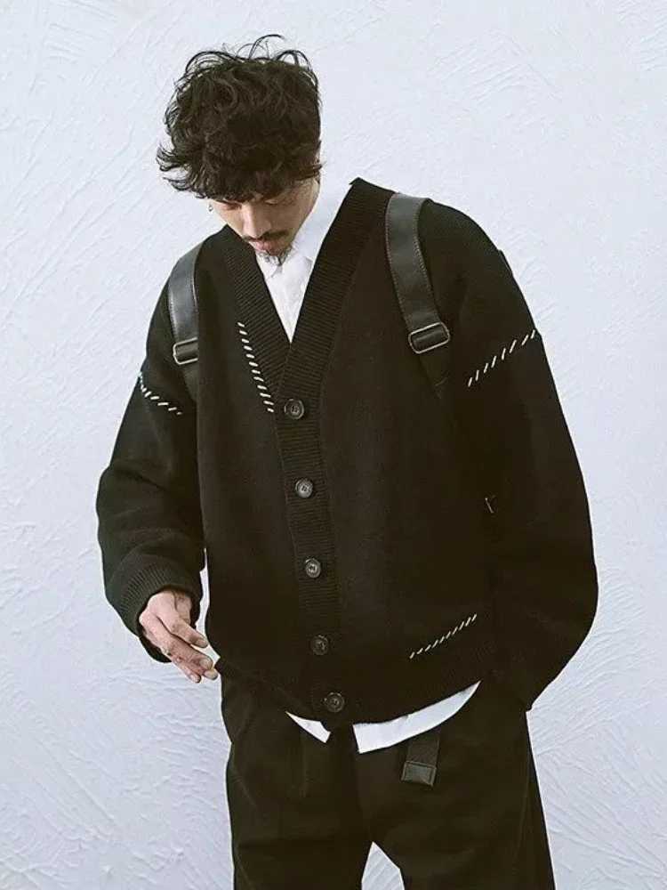 Mens Clothing Japanese Retro Cardigan Knit Sweater Male Coat Jacket Patchwork Black Long Sleeve 100% Sweat-shirt Baggy Street AXJ240814