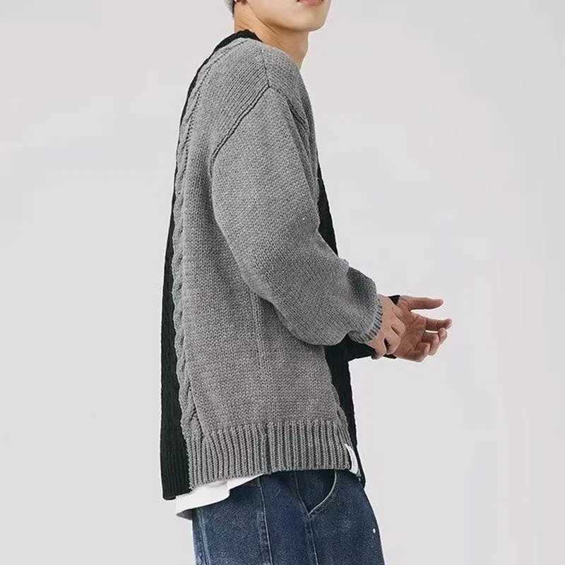 New Spring and Autumn Fashion Brand Splice Contrast Round Neck Loose Versatile Fried Dough Twists Pullover Casual Mens SweaterXJ240814