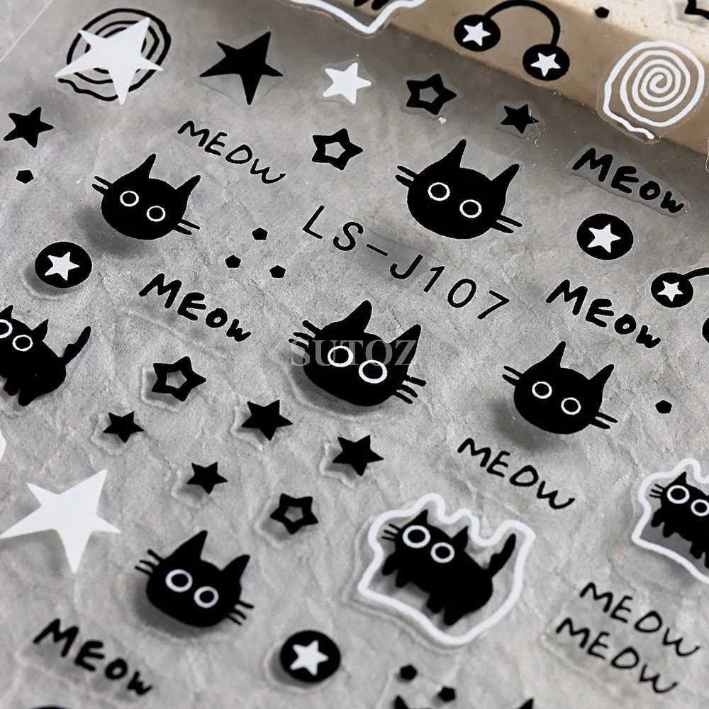 3D Black Cartoon Cute Cat Nail Stickers Cat Stars Letters Nail Sliders Y2K Korean Japanese Nail Art Manicure Decors NLLS-J107XJ240814