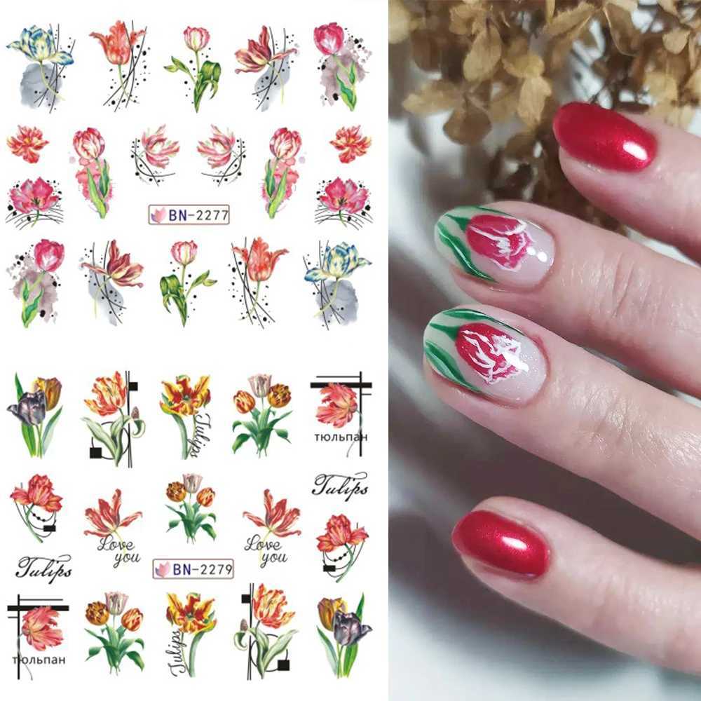 Tulips Flowers Water Nail Decals Leaf Transfer Nail Stickers Spring Summer Decoration Snowdrops Watermarks Slider LEBBN2269-2280XJ240814