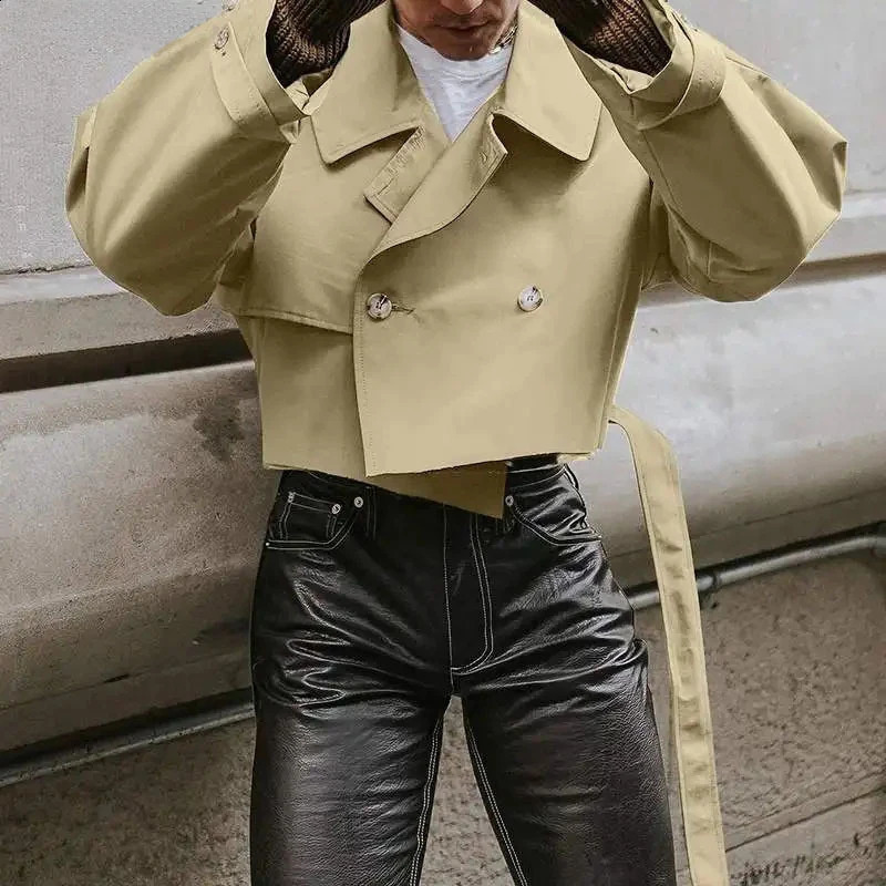 Fashionable Mens Crop Jackets Fall Vintage Y2K Loose Long Sleeve Short Jacket For Men Stylish Solid Color Turn-down Collar Coats 240809