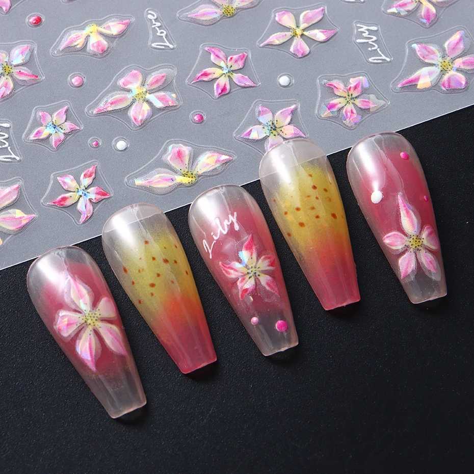 2pcs Aurora Lily Flower 3D Nail Art Stickers Embossed Floral Petals Nail Decals Sparkling Self-Adhesive Sliders Manicure DecorXJ240814