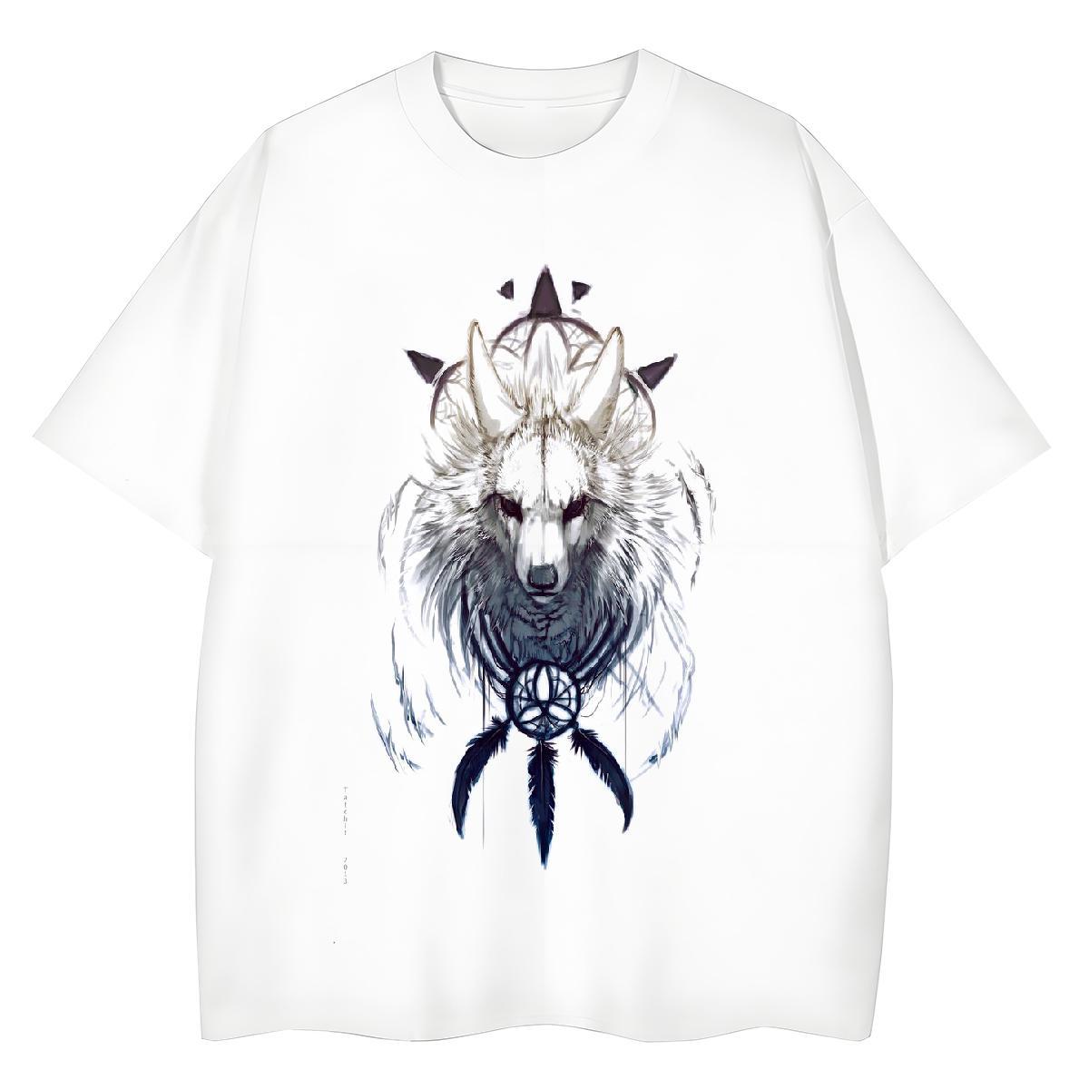 Loose Mens T Shirts wolf Short Sleeve Soft Home Outdoor Anime Print 230g Cotton Tshirt for Man Woman Fashion New Top Tees
