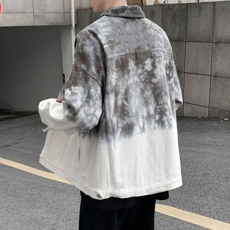 Pink Tie Dyed Jean Jacket Mans Gradient Color High Street Couple Jacket Spring and Autumn Long Sleeve Lapel Coats Ropa Hombre 240814