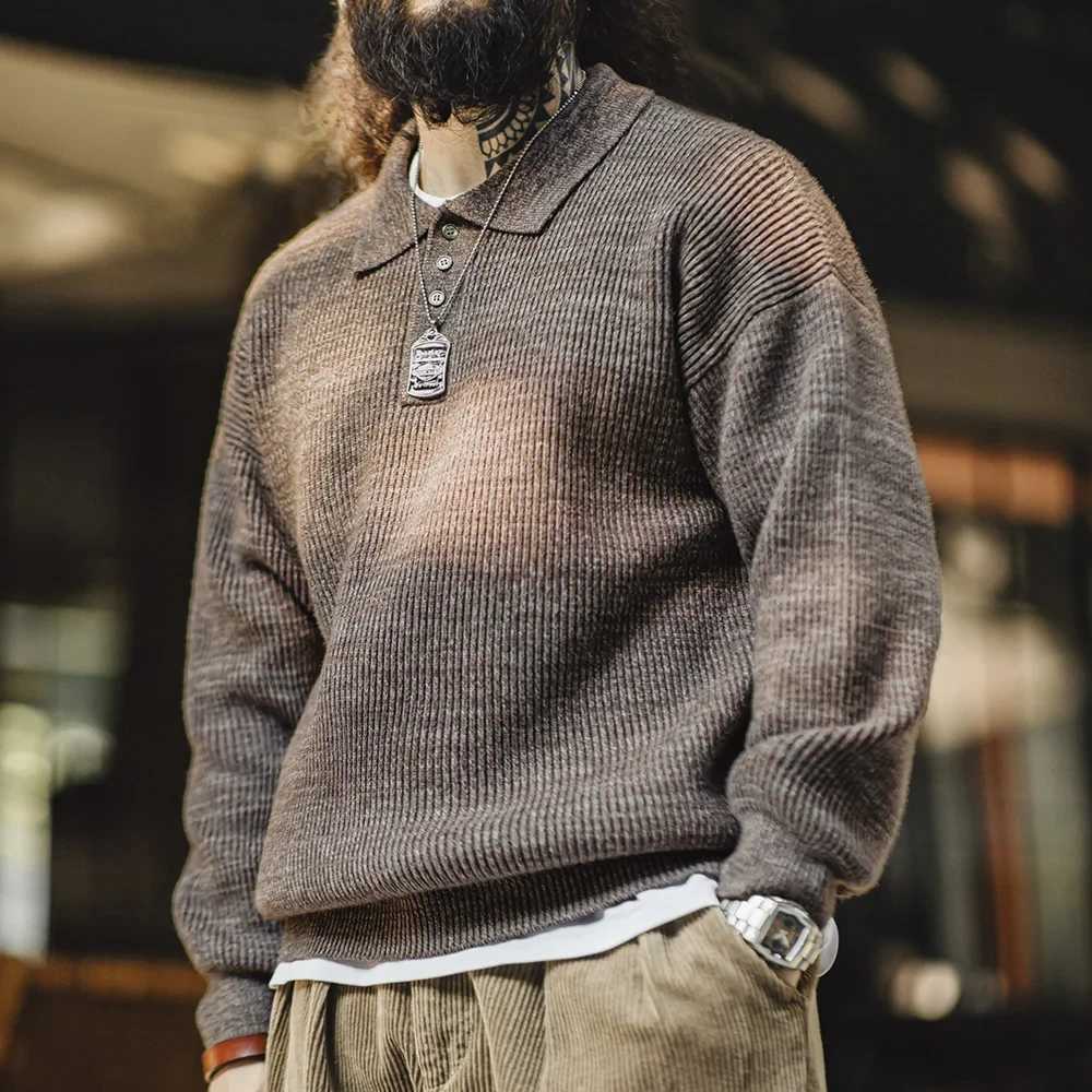 Maden Retro Knitted Polo Shirt Loose Coffee Color Lapel Sweater Autumn Winter Mens Uncle Fu Jumper Casual KnitwearXJ240814