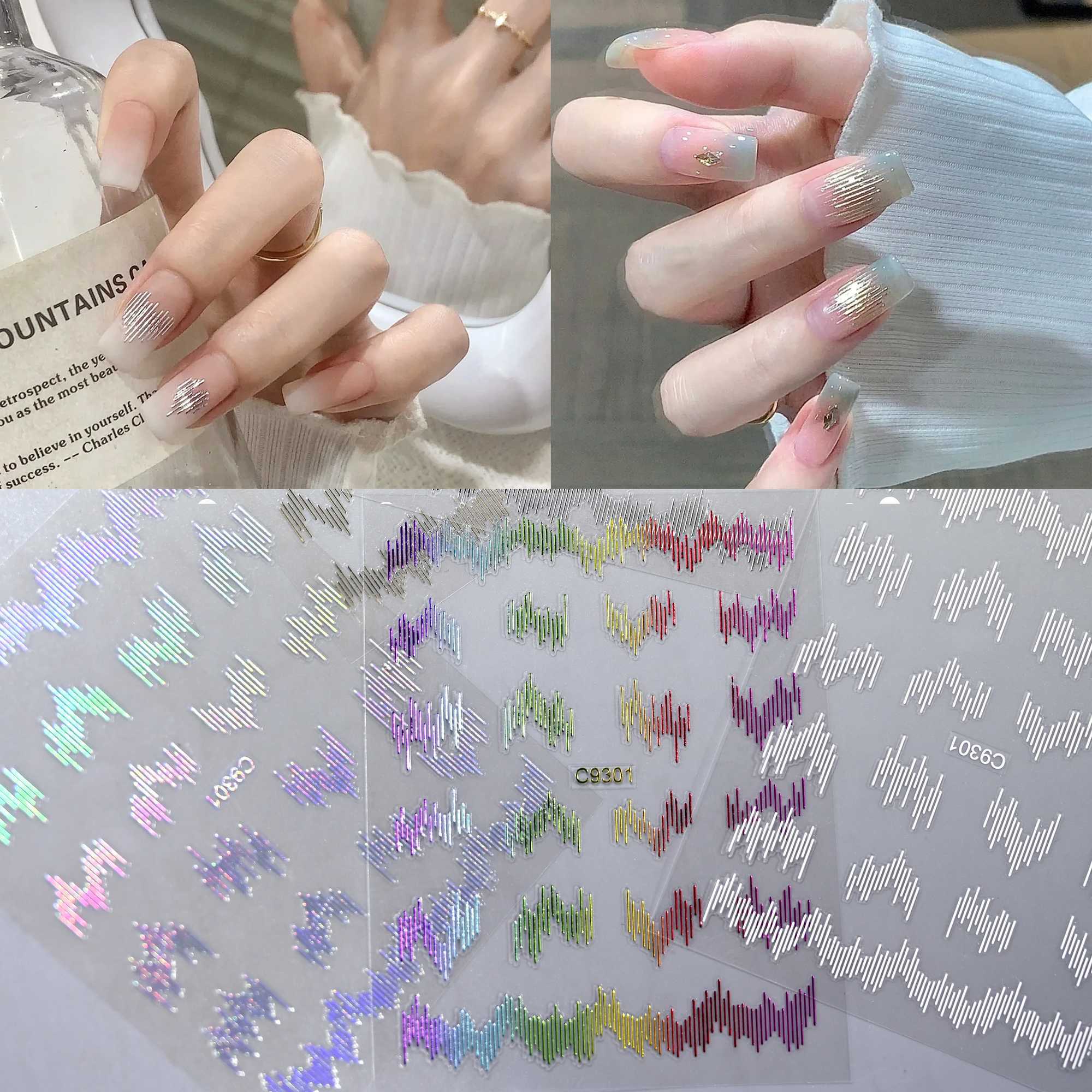 6Pcs Reflective Lines Nail Art Stickers 3D Gold Silver Filament Aurora Wave Strip Sliders Designs Club Shiny Manicure DecorationXJ240814
