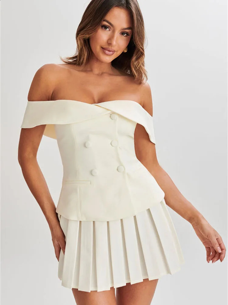 Summer Fashion Two Piece Skirt Women Off Shoulder Double breasted Top A Line Mini Pleated Short Skirt Set 240815