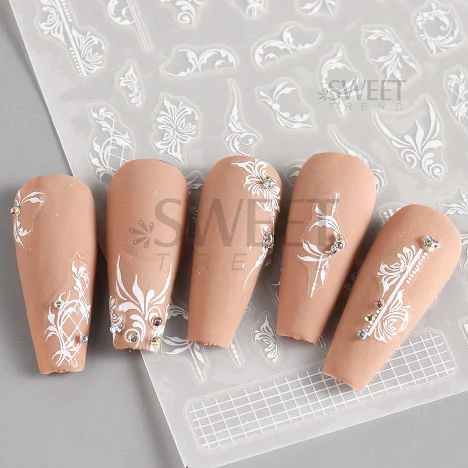 White Lace Flower Nail Art Sticker Acrylic Floral Charm Adhesive Sliders Elegant Wedding Bride Simple Line Design Manicure DecalXJ240814