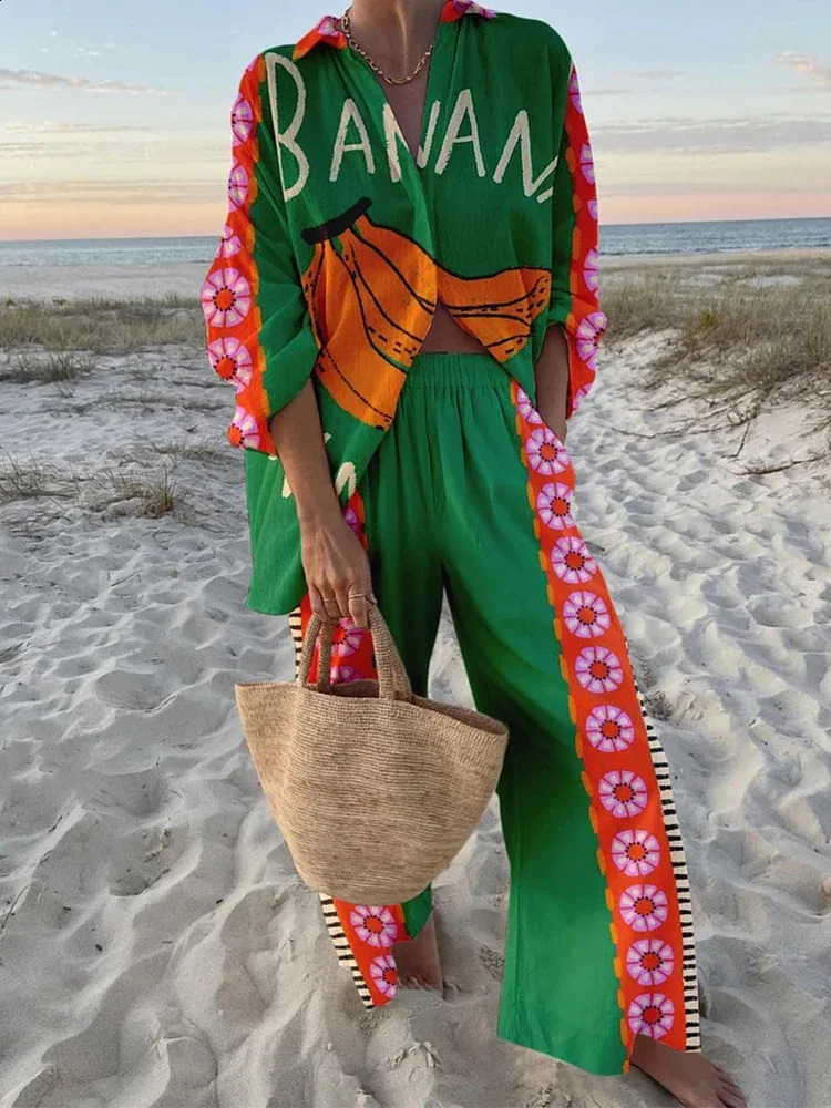 Fashion Casual Women Tropical Funny Banana Printed Loose TwoPiece Set Beach Holiday Outfits 240815
