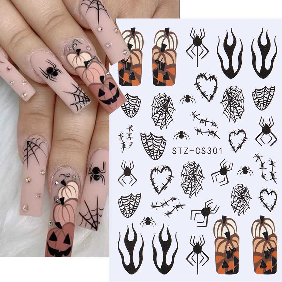 3D Halloween Nail Stickers Spider Web Ghost Skull Moon Star Line Sliders For Nails Gothic Design Summer Autumn Decor Flame DecalXJ240814