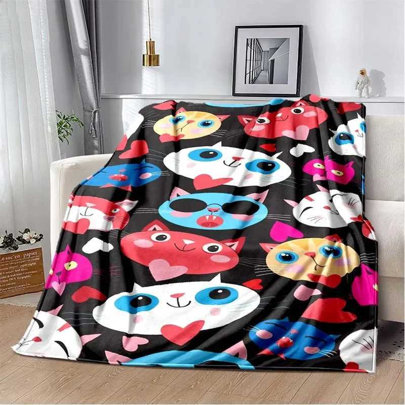 9 Cute Cat Cartoon Soft Flannel Fluffy Throw Camping Blanket for Children Sofa Throw Thin Blanket Fashion Gift Y240815