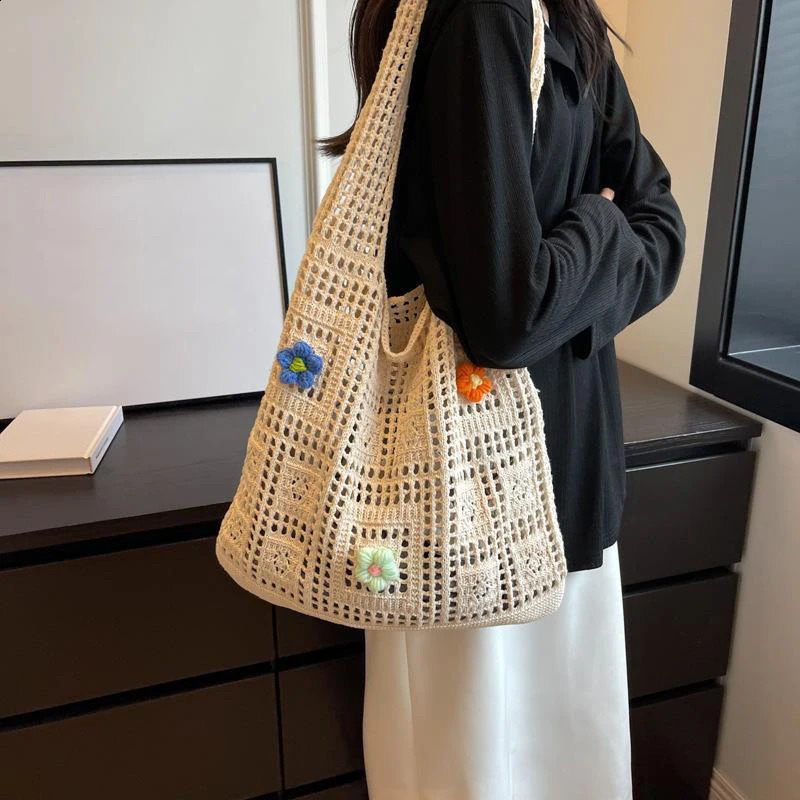 Women Crochet Tote Handbag Hollow Out Grocery Bag Solid Color Travel Shopping Ladies Daily Shoulder 240814
