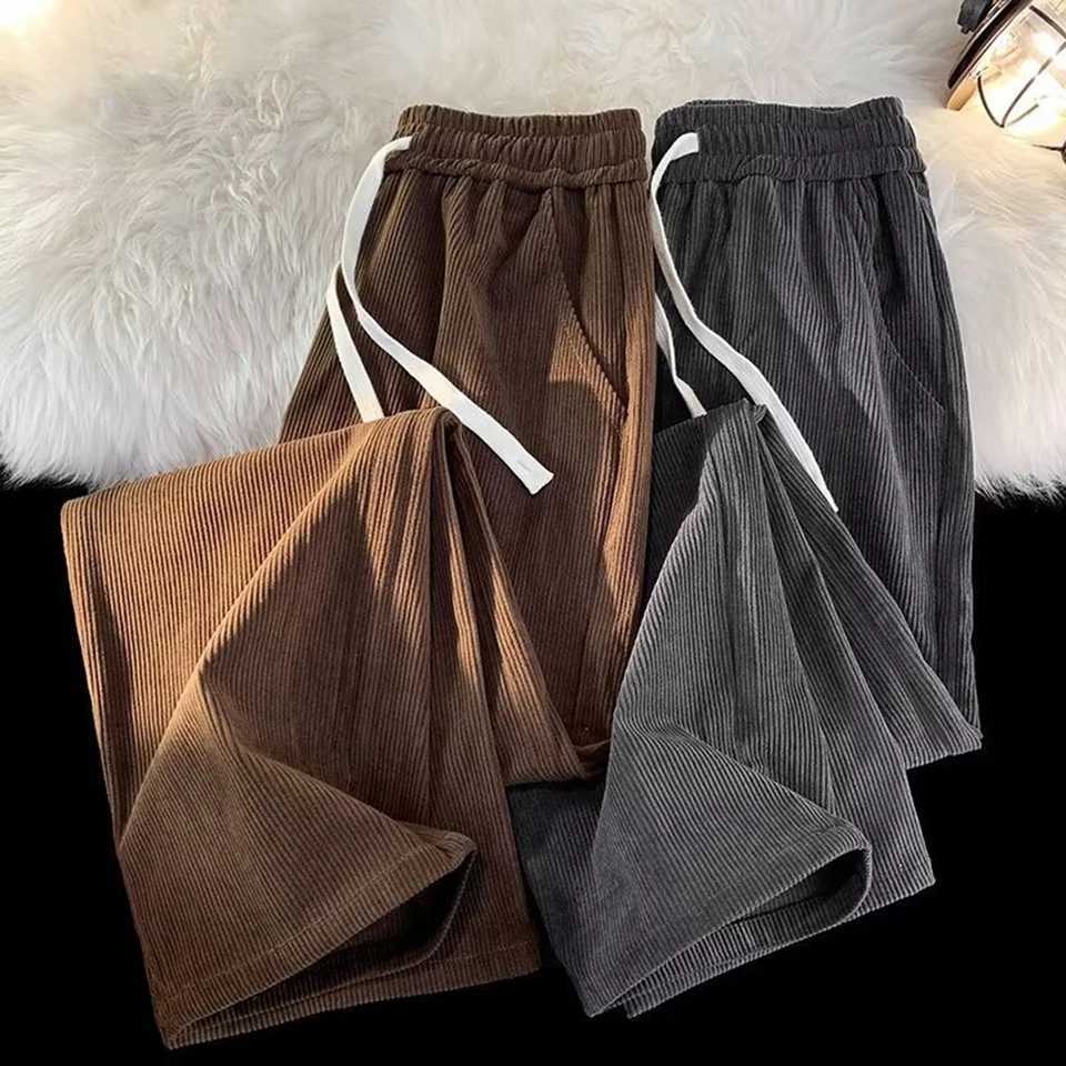 New autumn mens wide leg pants loose straight cylindrical Trouser elastic waist brushed full matching pantsW240725
