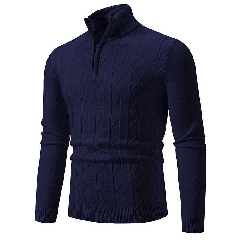 New Knitted Sweaters Mens Solid Color Warm Zipper Collar Fashion Slim Fit Micro Elastic Pullover Turtleneck Harajuku SweaterXJ240814