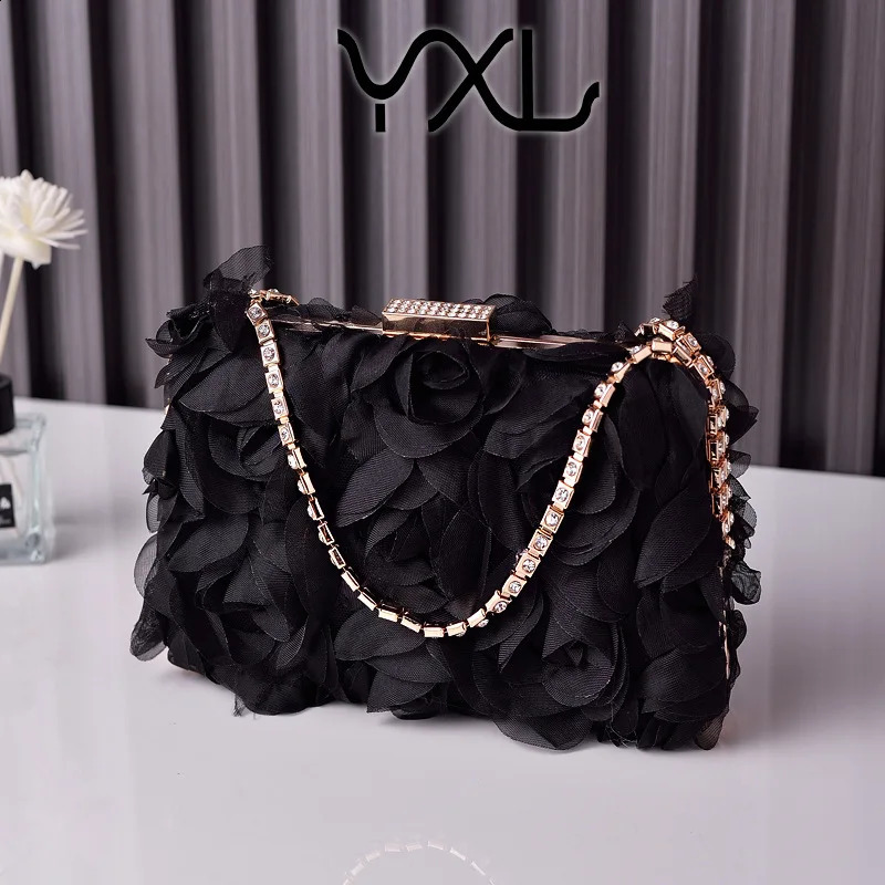 Chiffon Flower Evening Bag Champagne Color Ladies Cheongsam Bag Handmade Dress Bag Diamond Jewelry Bag 240813